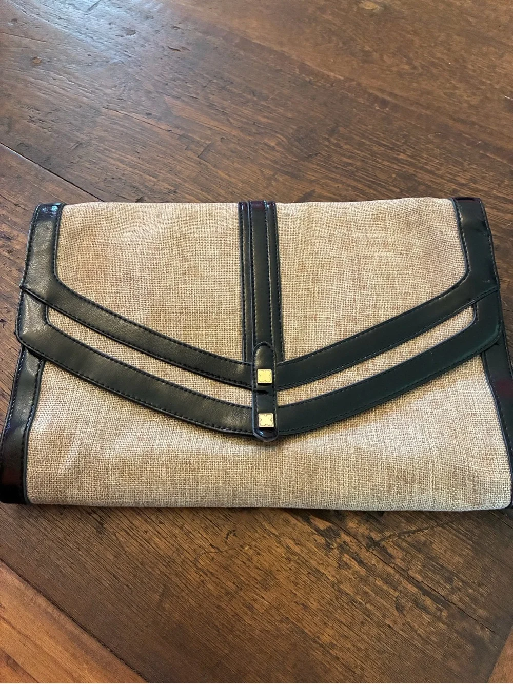 Liz Claiborne Tan Canvas Messenger Clutch with Black Trim 14 x 9 inches